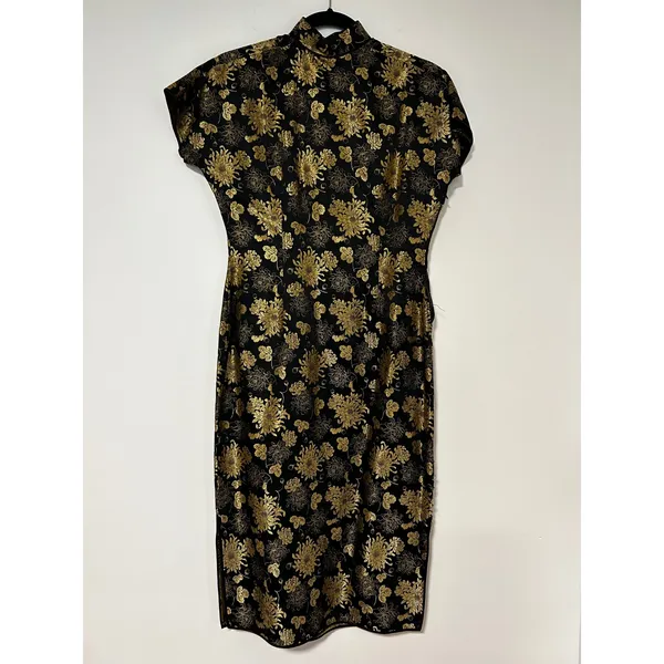 Y2K VINTAGE Black Gold Floral Brocade ASIAN Cheongsam Qipao Dress Mandarin - Image 5
