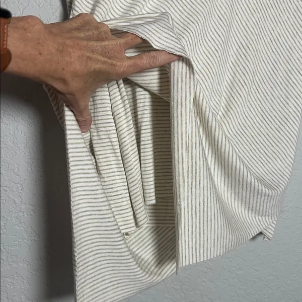 Elan Cream Striped V Neck Short Sleeve Tee Double Layer Soft Asymmetrical Top - Image 4