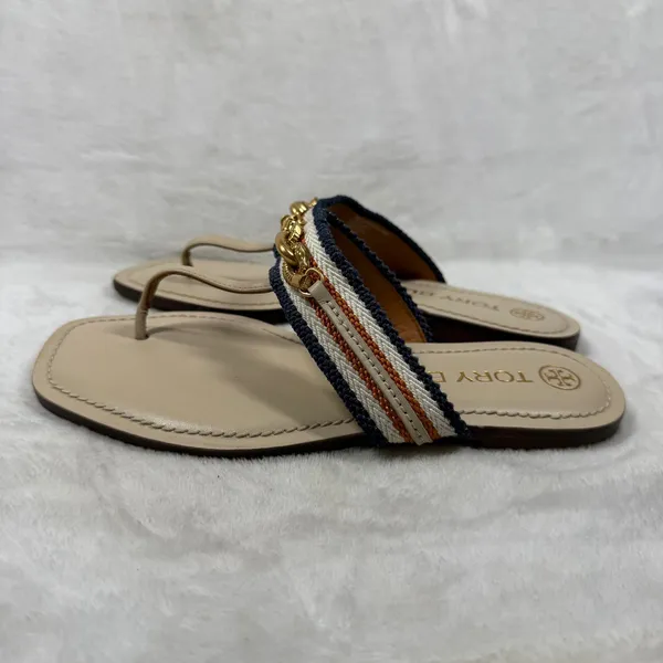 Tory Burch Eleanor Thong Sandal Beige Multi Striped Canvas Gold Chain Flat 5.5 - Image 6