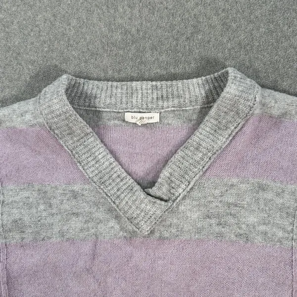 Blu Pepper V-Neck Stripe Pullover Sweater Women's Medium Gray/Purple Knit Boxy - Image 5