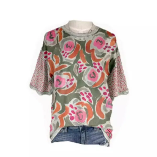 Abstract Painterly Floral Top Mixed Media Dotted Sleeve Maximalist XL Teacher - Image 3