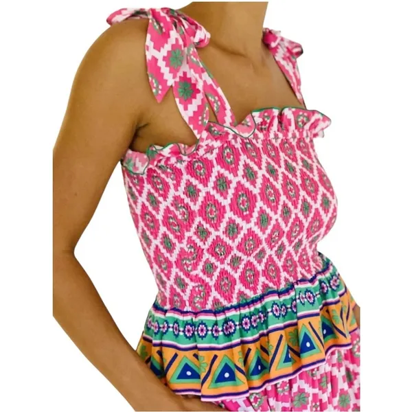Feather & Find Shirt Women XS Pink Geometric‎ Shiva Boho Luxe Smocked Tie Strap - Image 2