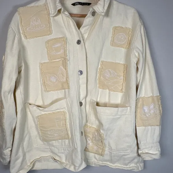 Zara Bloggers‎ Favorite Overshirt Jacket Embroidered Patches Womens Size Small - Image 2