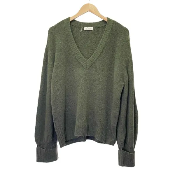 Elan Olive Green Wool Fox Blend Sweater Medium V Neck Balloon Sleeve Oversized - Image 8