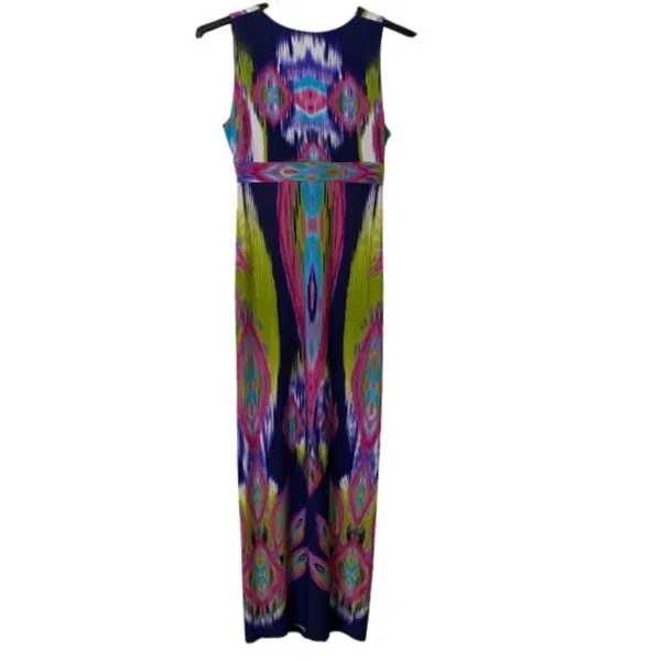 Chico's Maxi Dress Women's Sz1 Blue Pink Green Ikat Abstract Sleeveless Boho EUC - Image 9