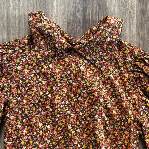 Free People Brown Printed Floral Sheath Mini Dress Small 3/4 Sleeves Collared - Image 6
