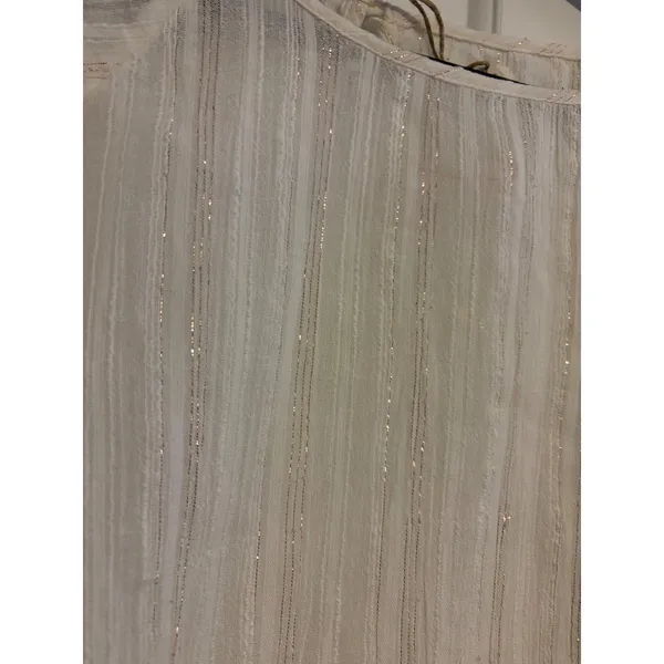 World Market Blouse Boho Cream‎ Gold Metallic Pinstripe Peplum L/XL NWT - Image 5