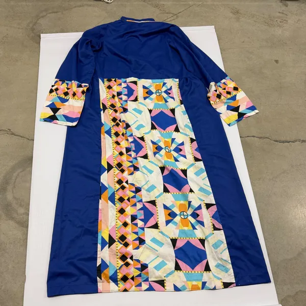 Vintage Geometric Abstract Print Maxi Dress Blue Ruffle Snap Front Long Sleeve - Image 6