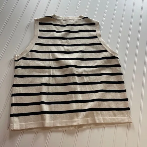 English Factory Striped Knit Vest Cream Black Gold Button V-Neck Large - Image 5