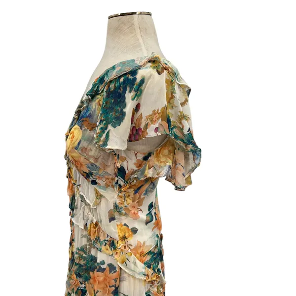Anthropologie V-Neck Ruffle Lace Slip‎ Dress Floral White Multicolor Size US 4 - Image 9
