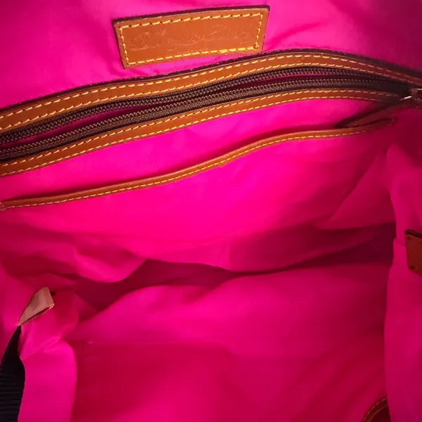 Dooney & Bourke Nylon Satchel Bag Khaki Tan Leather Trim Pockets Hot Pink‎ - Image 12