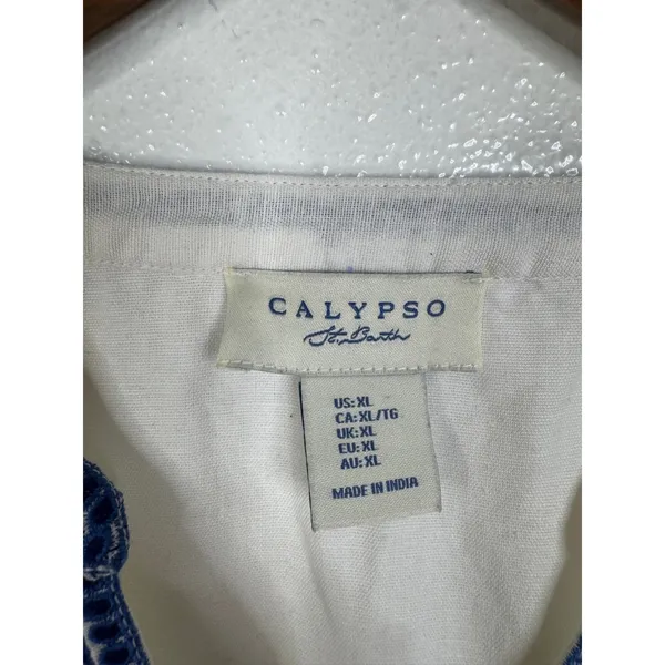 Calypso St Barth Blue Floral Embroidered Linen Blend V-Neck Blouse XL White - Image 5
