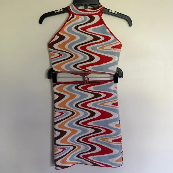 Princess Polly Retro Wavy‎ Knit Halter Cutout Mini Dress XS/S Red Blue Multi - Image 13