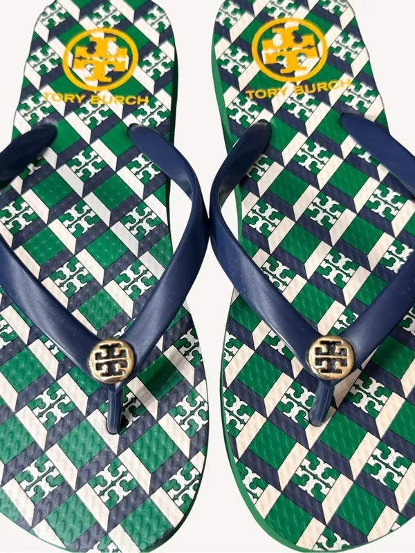Tory Burch Green, Navy & White Check Logo Flip Flops Size 5 NWOT - Image 6