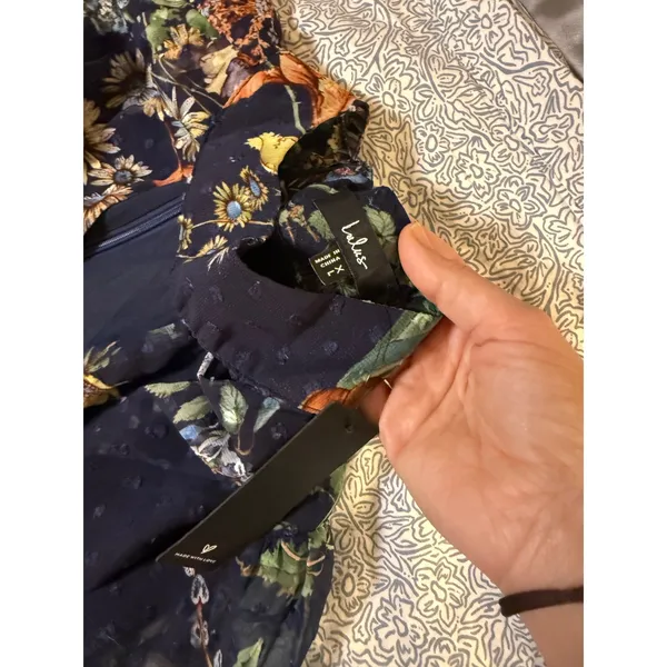 NWT Lulus Size XL Fallyn Navy Blue Floral Swiss Dot Long Sleeve Midi Dress - Image 6