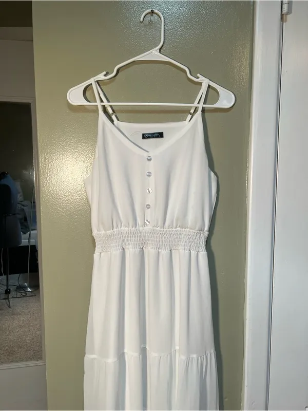 PrettyGarden Women's Size Small Sleeveless Midi Dress White Faux Button Smocked - Image 2