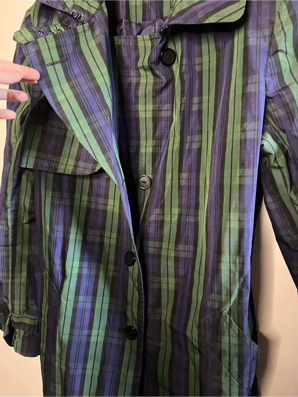 Vintage Jeffrey Banks Plaid Trench Coat Longline Belted Green Purple Size M - Image 7