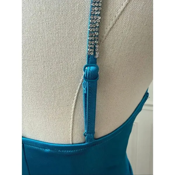 Camille La Vie Brilliant Blue Satin Ruched Cocktail Dress Rhinestone Straps M - Image 7