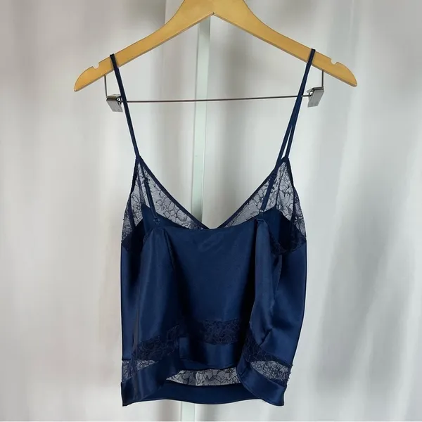 Victoria's Secret Medium Satin Lace V Neck Navy Blue Crop Tank Top Lingerie - Image 2