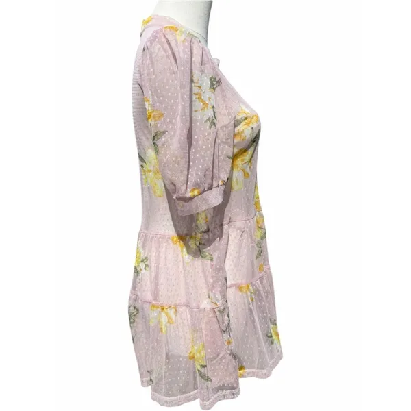 Meraki Mesh Tiered Tunic Top Women’s M Blush Pink Floral Puff Sleeve Cottagecore - Image 3