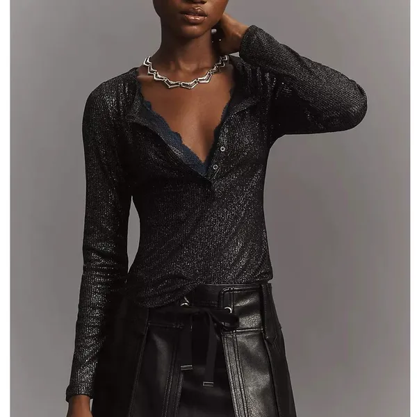 Anthropologie Pilcro Andie Ribbed Spotlight Henley Small Black Metallic Long Sleeve Goth Party - Image 2
