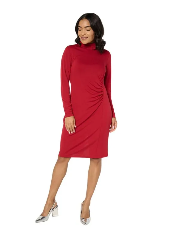 Susan Graver Premier Knit Mock Neck Cold Shoulder Dress Dark Cranberry Red M - Image 6