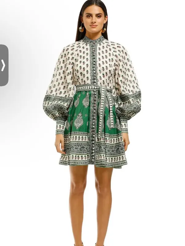 NWOT Zimmermann Green and White Printed Balloon-Sleeve Mini Dress - Image 6