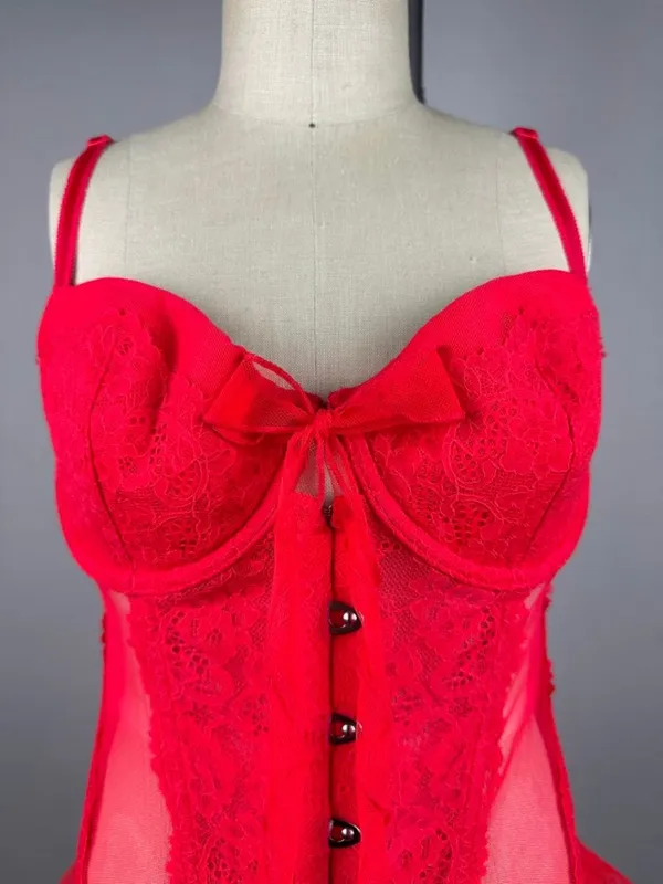 Victoria's Secret Red Lace Mesh Bustier Teddy 36C Y2K Ruffle - Image 5