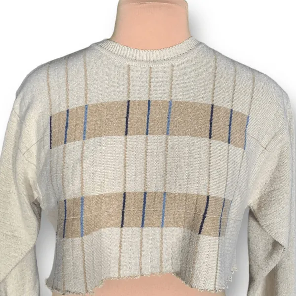 Vintage Sweater Tan Knit Striped Custom Cropped Crew Neck Indie Lightweight - Image 5