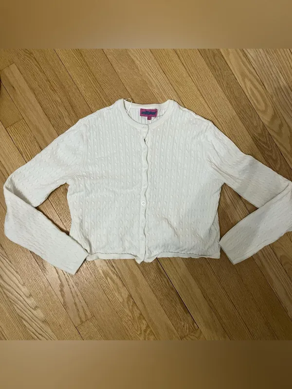 Edikted White Cable-Knit Cardigan with Pink Label - Image 2
