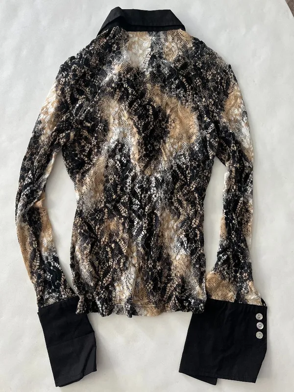 Vintage VTG Tempo Paris 90s Ombre Black Tan Lace Button Down Y2K Collared Top S - Image 2