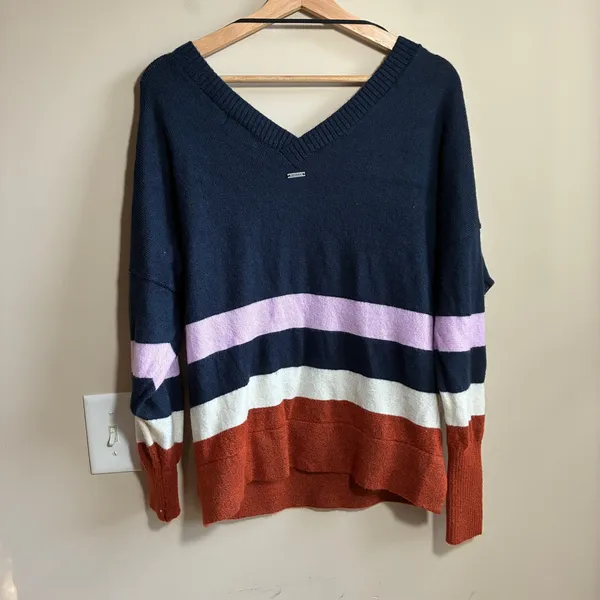 prAna Striped V-Neck Colorblock Sweater Medium Navy Rust Womens Relaxed Knit - Image 7