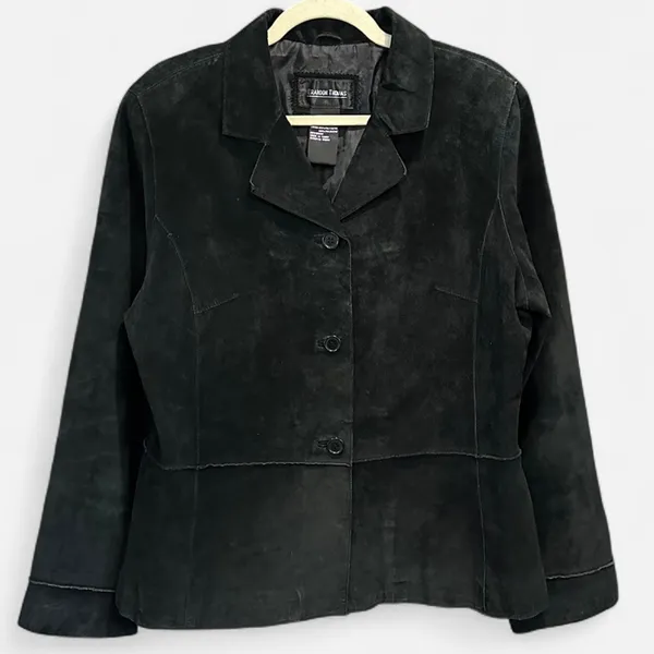 Y2K Black Suede Leather Jacket Oversized French Chic XL - Image 2