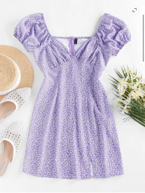 Zaful Women’s Sz 6 Mini Dress Puff Sleeve Light Purple Ditsy Floral White Yellow - Image 2