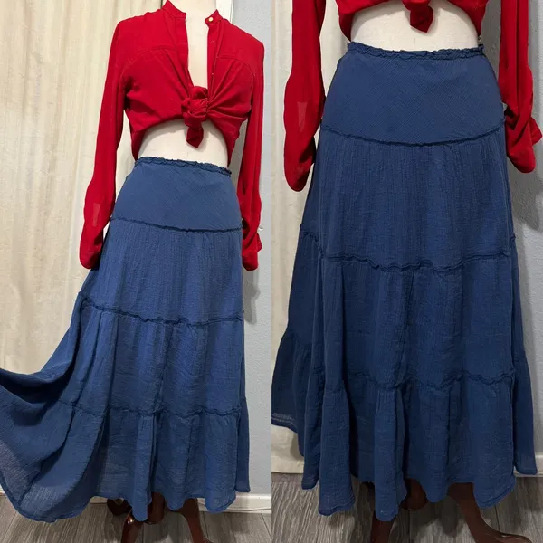 Chaps Maxy SKirt L‎ Navy Blue Crinkle Gauze Tiered Large Boho 100% Cotton Flowy - Image 2