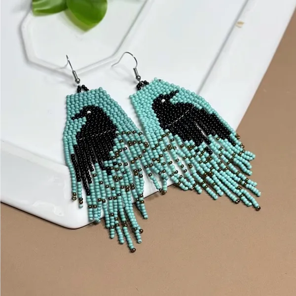 Crow Spirit Handmade Beaded Fringe Earrings ✨ Boho Raven Festival Dangles NWT - Image 3