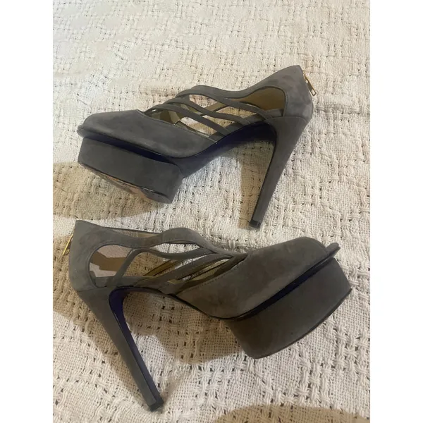 MARY CHING $399 Jennifer Platform Shoe Stiletto Heels Gray Suede Size 37 7 Peep - Image 5