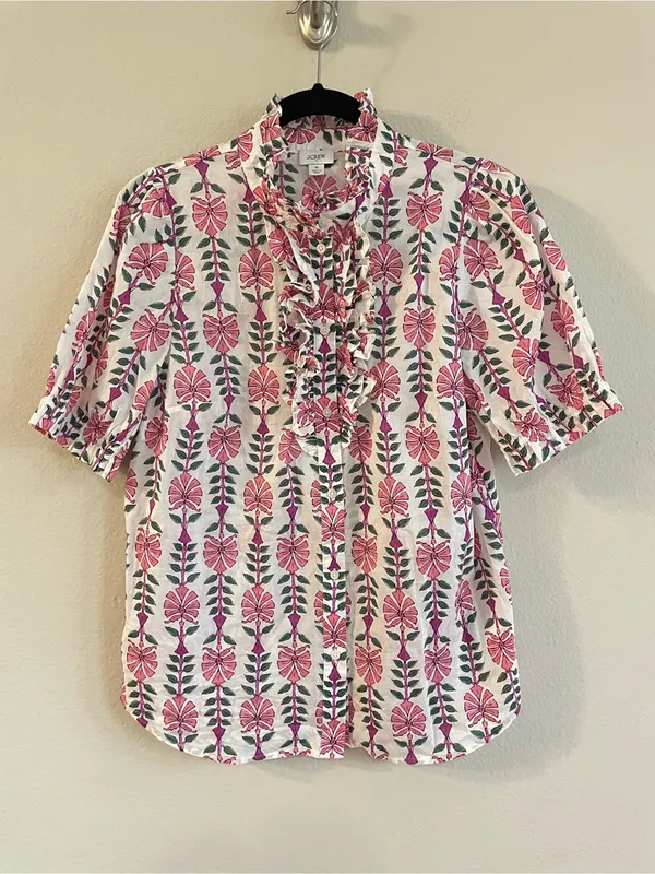 J. Crew Floral Hand Block Print Ruffle Placket Blouse Size S - Image 2