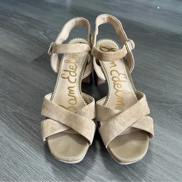 Sam Edelman Leather Suede Beige Cream Strappy Slingback Block‎ Heels Size 9 - Image 2