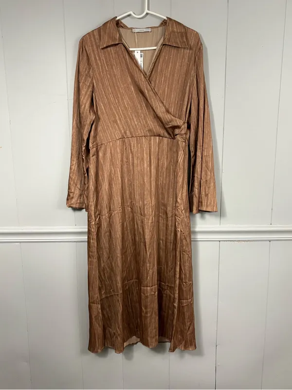 NWT Mango MNG Brown Satin Shirt Wrap Midi Dress 10 Flowy Flared Sleeve Party - Image 5