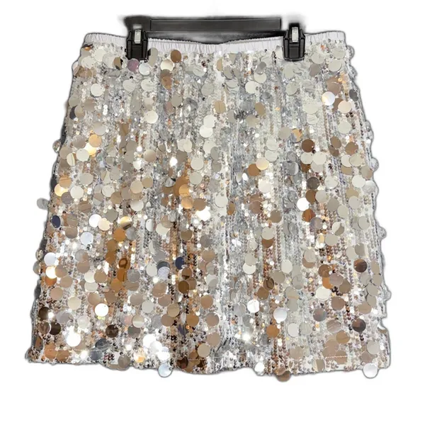 New Dwirapal Womens Size XL Silver Disc Sequin Mini Skirt Elastic Waist Party - Image 3
