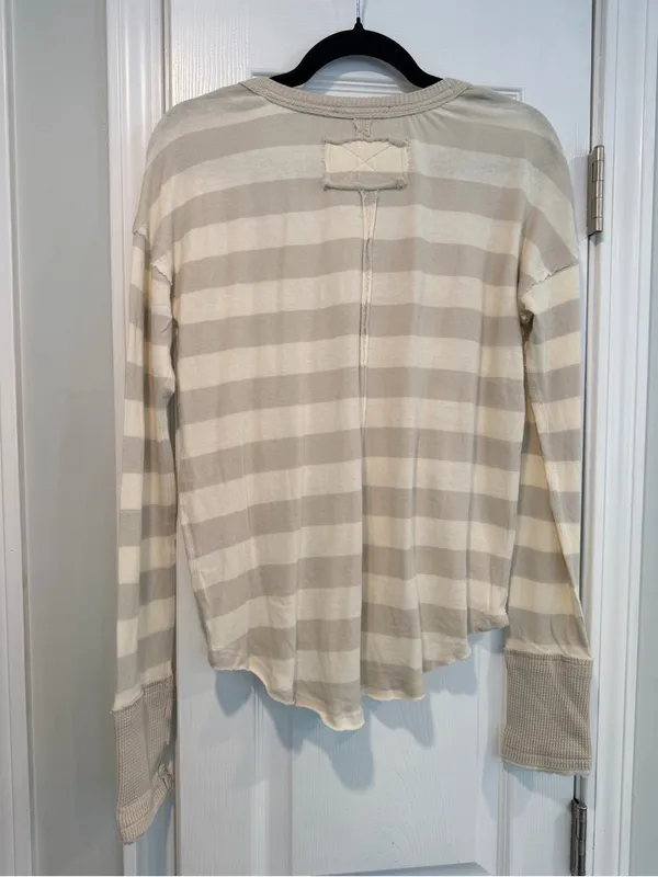 NWOT Free People We The Free Size S Tan Cream Striped Thermal Knit V Neck Top - Image 7