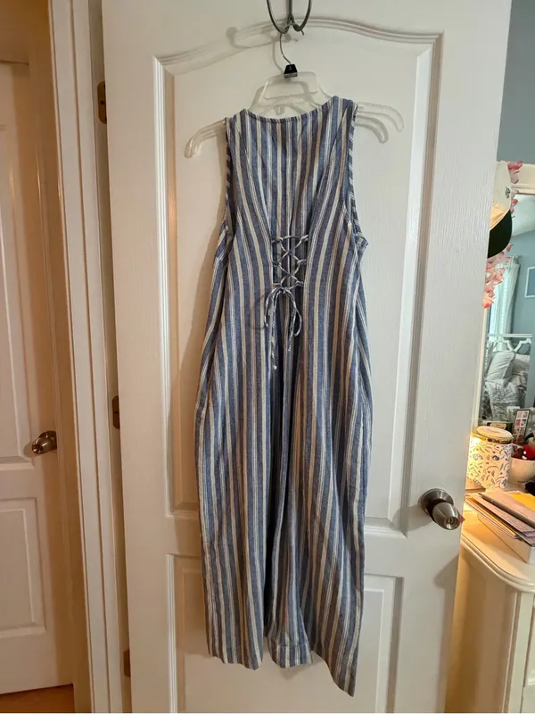 Old Navy Blue and White Vertical Stripe Button-Front Maxi Dress - Image 7