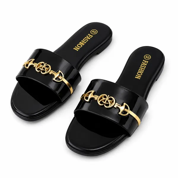 Black & Gold Chain Detail Slide Sandals - Image 2