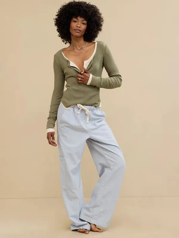 Aerie Essential Henley Layering Long Sleeve Ribbed Cotton Blend T-Shirt Size XL - Image 2