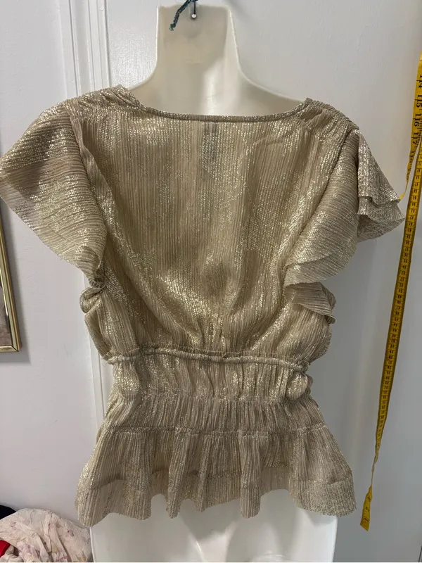 Anthropologie Smocked Metallic Gold Short-Sleeve Top - Image 9