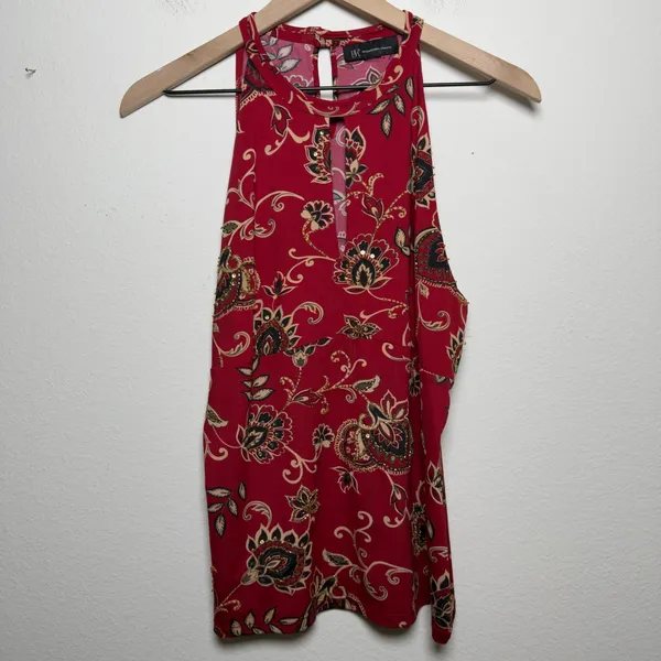 American Vintage VTG 90s Babydoll Whimsigoth Top XL Cherry Red Sequins Jacquard Asian Print Halte - Image 2