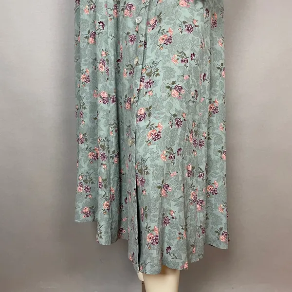 Vintage Floral Dress Shell Buttons Shirred Smocked Midi Cottagecore Summer Fall - Image 4