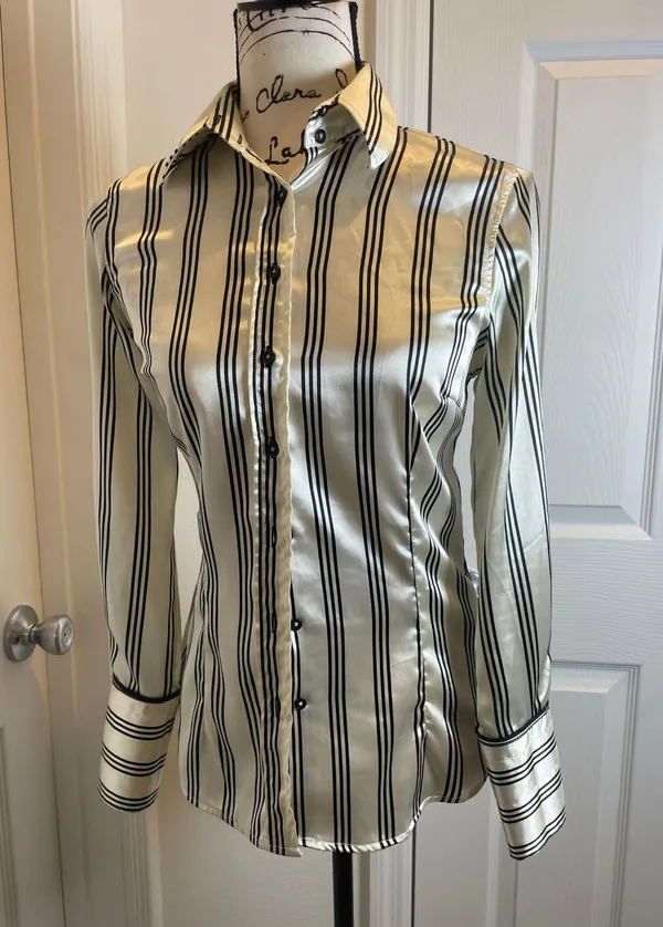 ZARA Satin Office Blouse STRECH Size Small Cream Black Lines Preppy Chic - Image 5