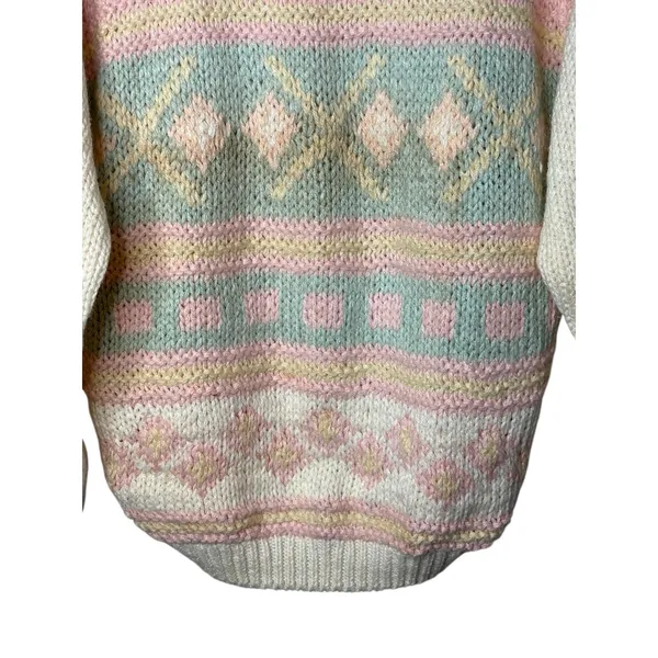 Exclusive Imports Sweater Medium Pastel Pink Blue Fair Isle Hand Knitted Vintage - Image 3
